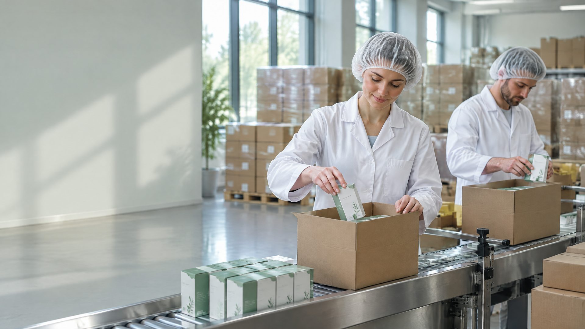 Verpackungslinie in einem Lohnverpackungsbetrieb: zwei Mitarbeiter packen Kartons auf einem Edelstahlband