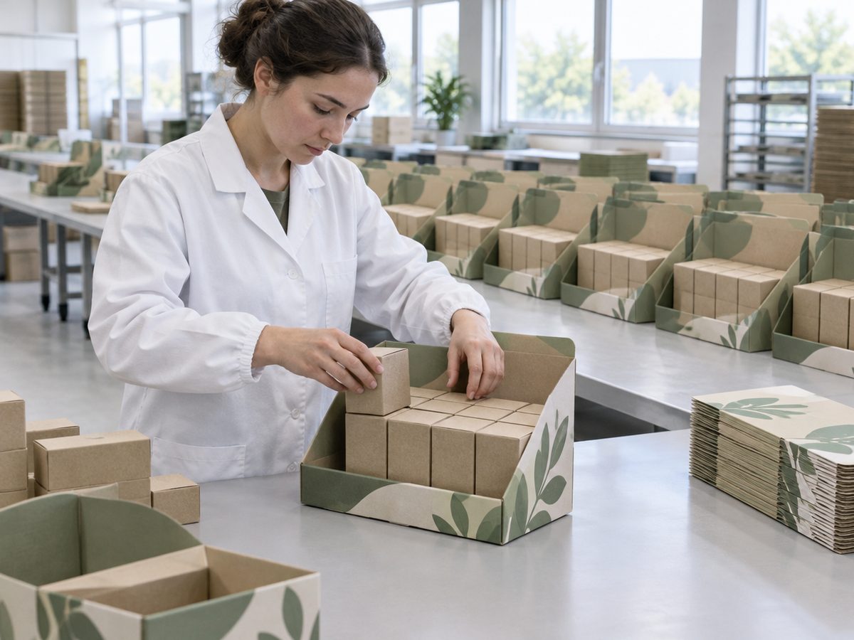 Konfektionierung: Multipacks werden an einem Packtisch zusammengestellt
