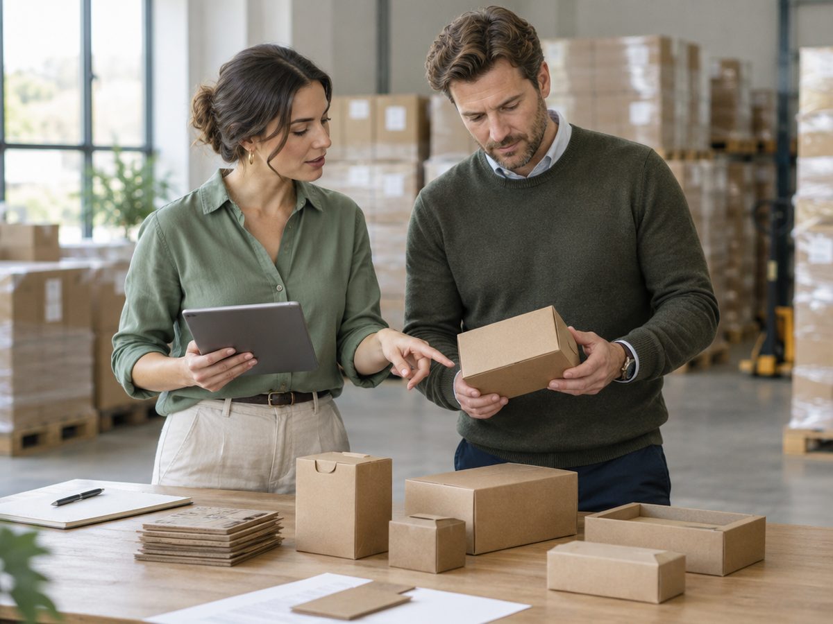 Projektbesprechung im Lager eines Verpackungsbetriebs mit Erstmuster und Tablet