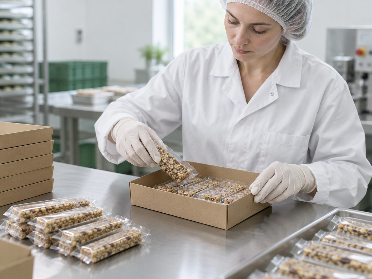 Riegel in Flowpacks werden in einen Karton-Tray gelegt