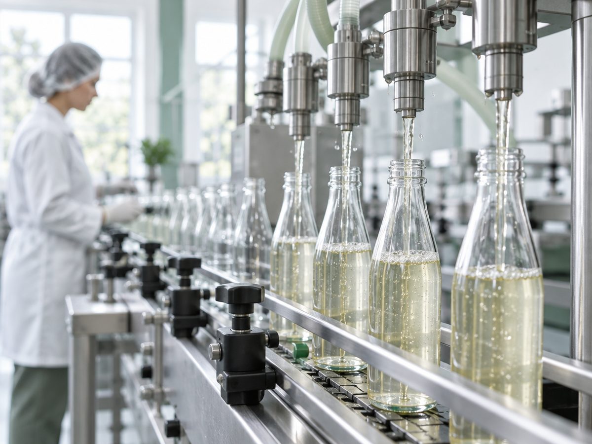 Glasflaschen werden auf einer Abfüllanlage befüllt