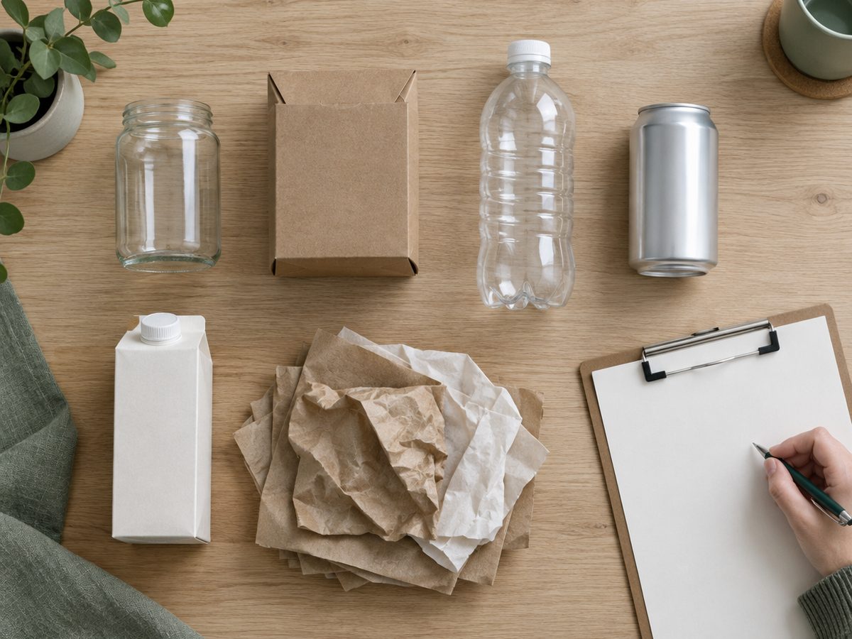 Verpackungsmaterialien nach Fraktion sortiert: Glas, Karton, Kunststoff, Aluminium, Getränkekarton