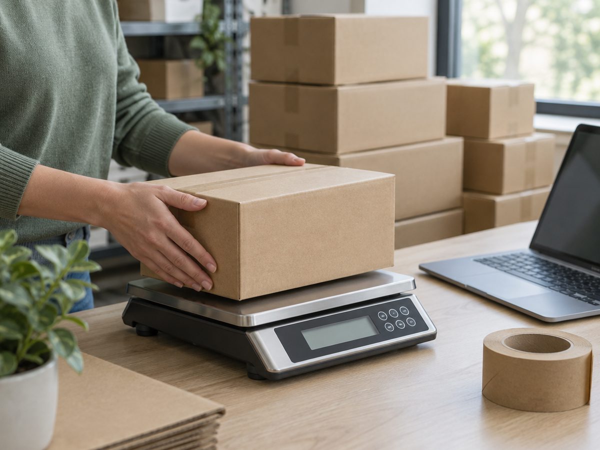 Versandkarton auf einer Paketwaage: Gewicht je Komponente ist die Grundlage der Mengenplanung